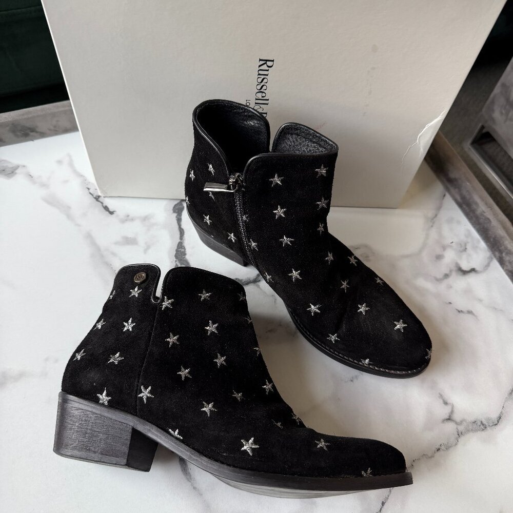 Russell & Bromley Star Embroidered Black Suede Western Ankle Boots